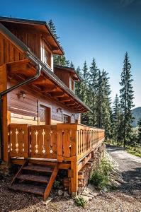 eine Holzhütte mit einer Treppe, die hinauf führt in der Unterkunft Chalupa na Leskové in Velké Karlovice