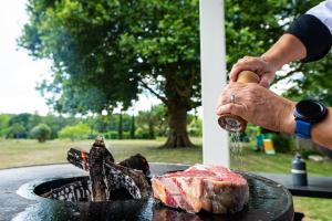 Eine Person kocht Fleisch auf einem Grill in der Unterkunft Chambre d'hôtes de charme, A Nosté M&P in Poussignac