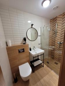 a bathroom with a toilet and a sink and a shower at Good Sleep in Kolonowskie