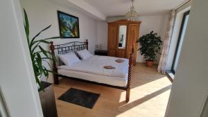 een slaapkamer met een bed en een plant erin bij Agroturystyka Rybno in Rybno