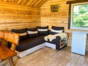 - un salon avec un canapé dans une cabane en rondins dans l'établissement Domki Kaktus, à Osieki