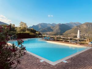 a large swimming pool with mountains in the background at Residence Le Parti in Salò