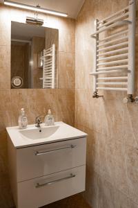 W łazience znajduje się umywalka i lustro. w obiekcie Pensjonat Pod Brzozami w mieście Ustronie Morskie