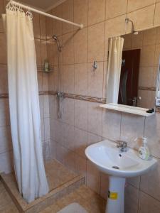 a bathroom with a shower curtain and a sink at Casa cu flori in Bîrsău