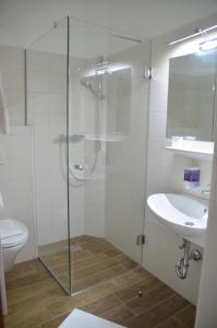 y baño con ducha, aseo y lavamanos. en Hotel Krmstl "Zur Stadt Gmunden", en Kirchdorf an der Krems