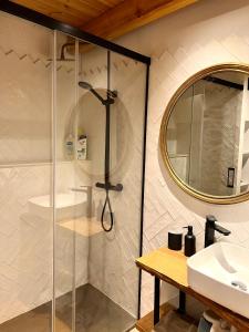 a shower in a bathroom with a sink and a mirror at Casa Sinera in Roní