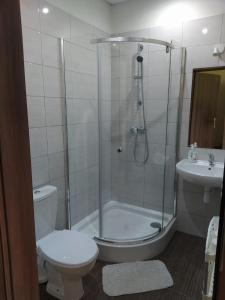 een badkamer met een douche, een toilet en een wastafel bij Pokoje Tanie Spanie in Zator