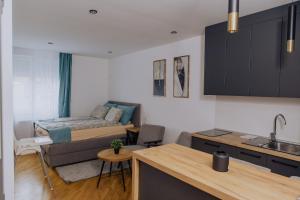 a kitchen and a living room with a couch at Sunshine apartments - Valjevo in Valjevo