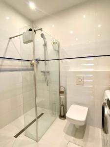 a white bathroom with a shower and a toilet at Apartament Nadmorski Dwór- Gdańsk in Gdańsk
