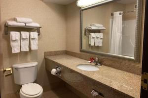 a bathroom with a toilet and a sink with a mirror at Wingate by Wyndham Ashland in Ashland +23 photos