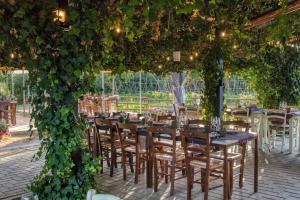 マジョーネにあるLa Casa Di Campagnaのテーブルと椅子、ブドウの木があるレストラン