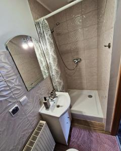 a small bathroom with a sink and a mirror at Dalia in Iwonicz-Zdrój