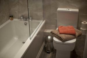 a bathroom with a tub and a toilet and a shower at Trelough House B&B in Wormbridge