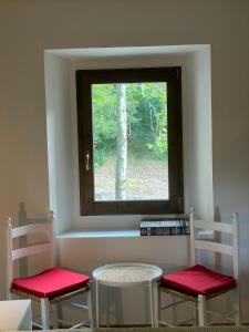 2 sillas y una mesa en una habitación con ventana en Villa Doubledot, en Piane di Montorio