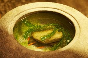 a bowl of soup with a piece of meat and greens at Fudoguchikan in Izumi-Sano