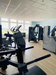 a gym with treadmills and ellipticals in a room at Garni Hotel Pyramida in Františkovy Lázně