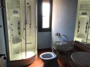 ein Bad mit einer Dusche, einem WC und einem Waschbecken in der Unterkunft El Molí de Cal Pastisser in Avellanes