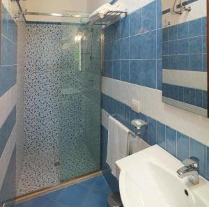 a bathroom with a glass shower and a sink at Agriturismo L'Angela in Borgagne