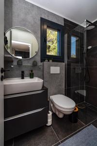 un bagno con lavandino, WC e specchio di Bella Vista a Drage