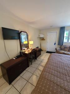 a living room with a bed and a desk with a mirror at Stardust Motel - Timberlea in Timberlea