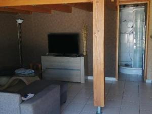 uma sala de estar com um sofá e uma televisão em Maisonnette piscine en été clim em Pia