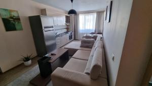 ein Wohnzimmer mit 2 Sofas und einer Küche in der Unterkunft Râșnov Loft in Râșnov