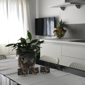a kitchen with a table with a plant and a tv at Casa 32 in Nago-Torbole