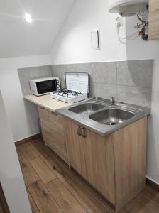 a kitchen with a sink and a microwave at Stadnina koni Tarka in Zwierzyniec