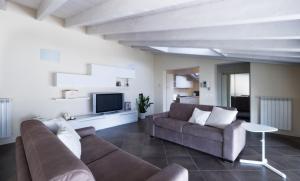salon z kanapą i telewizorem w obiekcie Corte Elvira w Manerba del Garda
