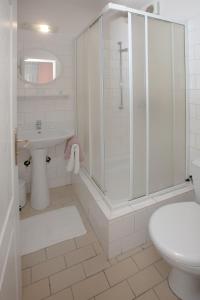 La salle de bains est pourvue d'une douche, de toilettes et d'un lavabo. dans l'établissement Hotel-Pension KAMÝK, à Prague