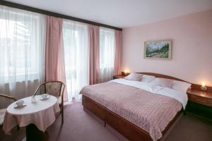 una camera d'albergo con letto, tavolo e finestre di Hotel-Pension KAMÝK a Praga