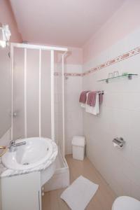 La salle de bains blanche est pourvue d'un lavabo et de toilettes. dans l'établissement Hotel-Pension KAMÝK, à Prague