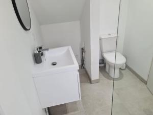 biała łazienka z toaletą i umywalką w obiekcie Studio neuf à Barcelonnette w mieście Barcelonnette