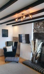 a living room with a fireplace and a tv at Green Cottage - Snowdonia in Llanllechid