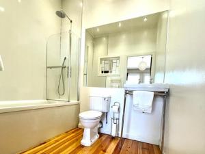 La salle de bains est pourvue de toilettes, d'une douche et d'un lavabo. dans l'établissement Incredible St Andrew's Sq - 2 bed in the sky, à Édimbourg
