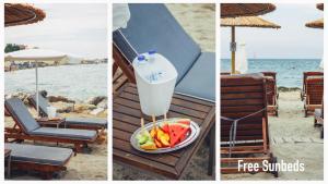 un collage de tres fotos de una playa con un tazón de fruta en CONTE CRISTO Suites, en Paralia Katerinis