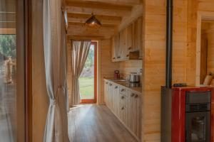 a kitchen in a log cabin with a window at Lake Cottage - Koča ob jezeru in Nazarje