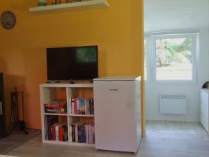 a room with a tv and a shelf with books at Ferienwohnung am See in Wochowsee