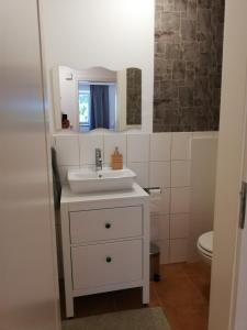 La salle de bains est pourvue d'un lavabo et de toilettes. dans l'établissement Ferienwohnung Jonas, à Gödnach