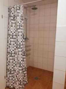 - une douche avec un rideau de bouteilles de vin dans l'établissement Ferienwohnung Jonas, à Gödnach