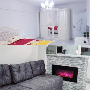 ein Wohnzimmer mit einem Sofa und einem Kamin in der Unterkunft White Apartament, Brăila in Brăila