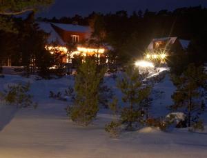 una casa con luces en la nieve por la noche en Kaluri Guesthouse en Kalana