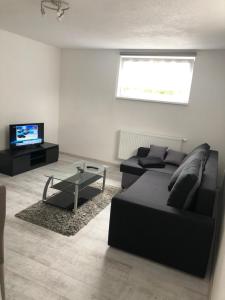 uma sala de estar com um sofá preto e uma televisão em Ubytovanie U Emmy em Banská Štiavnica