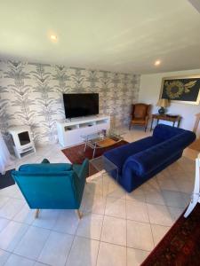 a living room with a blue couch and a tv at Maison de Montgibaud in Montgibaud