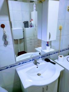 a bathroom with a white sink and a mirror at Stan na dan J & M in Vršac