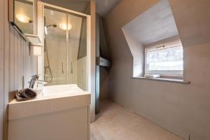 ein Badezimmer mit Waschbecken und Dusche und einem Fenster in der Unterkunft Les Libellules - Maison de caractère 5ch in Gérardmer + 10 Fotos