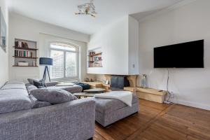 ein Wohnzimmer mit zwei Sofas und einem Flachbildfernseher in der Unterkunft Les Libellules - Maison de caractère 5ch in Gérardmer