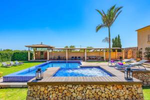 un patio trasero con una piscina y una palmera en Villa Pletessa Nova, en Felanitx