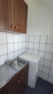 a kitchen with a sink and a tiled wall at Ema Apartments in Ulcinj