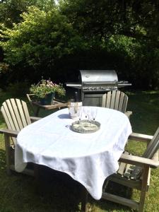 une table avec deux chaises et un grill dans l'établissement Cottage chaleureux situé en pleine nature !, 